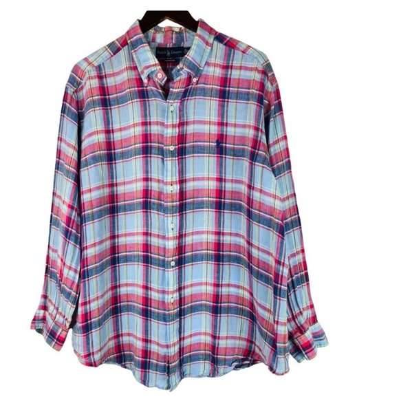 Ralph Lauren Mens XXL 2XL Shirt Plaid 100% Linen Vibrant Button Down Pink Blue - Picture 1 of 4